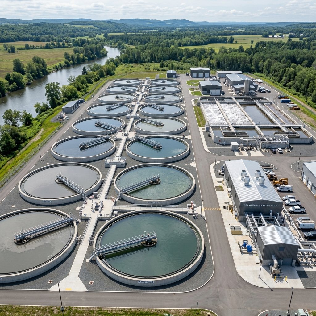 Wastewater treatment circular tanks aerial view
